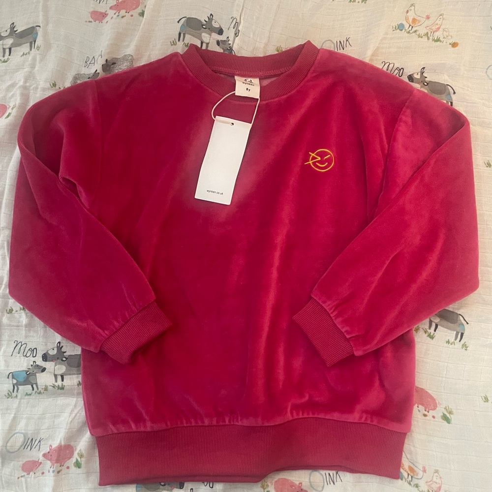 Wynken Red Velvet Sweatshirt with Embroidered Detail, NWT